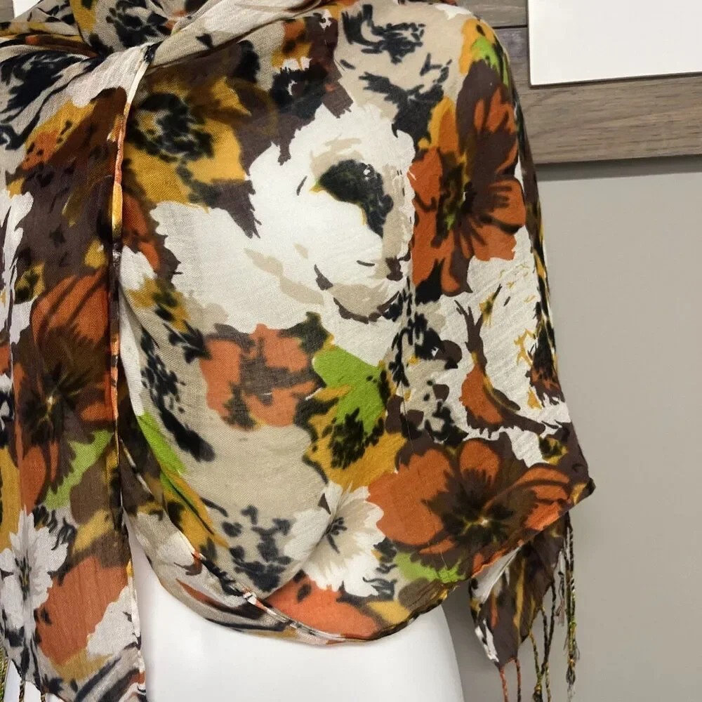 Unbranded Autumnal Floral Multicolored Lightweight Fashion Scarf Tassels